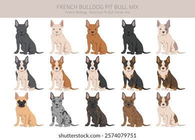 French Bulldog Pitbull mix clipart. French Bulldog - Pit bull terrier mix. All possible coat colors, breed information, adults and puppies.  Vector illustration