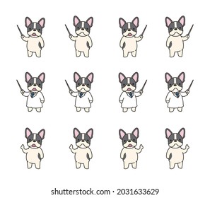 French bulldog pointing. Vector set. laboratory coat. Conducting rod.