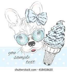 French bulldog with a portion of ice cream. Vector illustration.