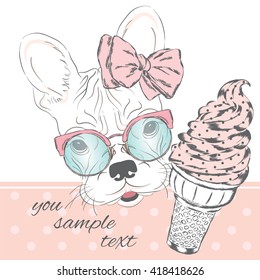 French bulldog with a portion of ice cream. Vector illustration.