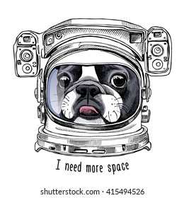 French Bulldog portrait in a Astronaut's Helmet. Vector illustration.