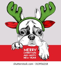 French Bulldog portrait in mask Santa's antler reindeer. Vector illustration.