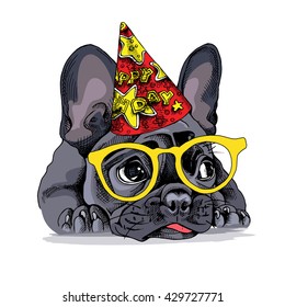 French bulldog Portrait in a Party hat with a glasses. Vector illustration.