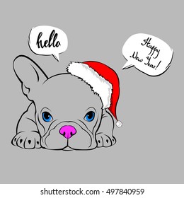 French bulldog Portrait in a Santa's hat . Vector illustration.