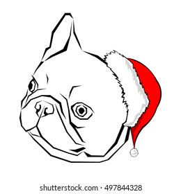 French bulldog Portrait in a Santa's hat . Vector illustration.