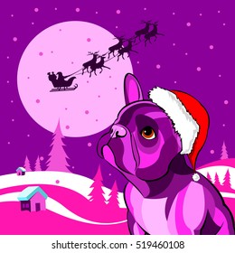 French bulldog Portrait in a Santa's hat . Vector illustration.