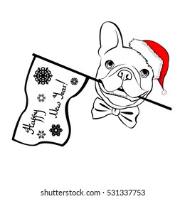 French bulldog Portrait in a Santa's hat . Vector illustration.