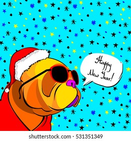 French bulldog Portrait in a Santa's hat . Vector illustration.