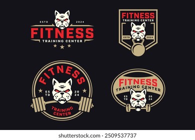 buldogue francês com power bar, barbell e kettlebell distintivo logotipo coleção de design para fitness, ginásio, musculação, clube de levantamento de peso  