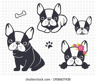 French bulldog or pug clip art. Funny cute puppies. Silhouette vector flat illustration. Cutting file. Suitable for cutting software. Cricut, Silhouette