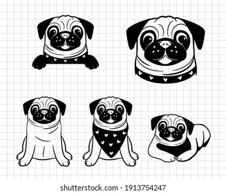 French bulldog or pug clip art. Funny cute puppies. Silhouette vector flat illustration. Cutting file. Suitable for cutting software. Cricut, Silhouette