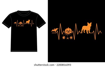 French Bulldog Pumpkin Heartbeat Spider Web Funny Halloween T-Shirt