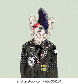 french bulldog punk, furry art illustration, fashion animals