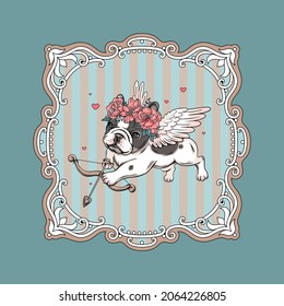 Сute french bulldog puppy with angel wings. Cupid illustration. Image for printing on any surface