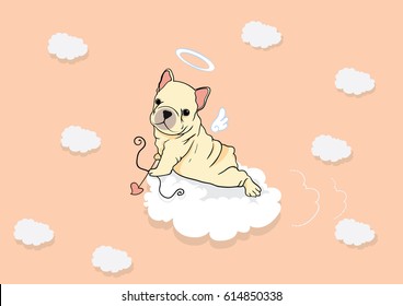 French Bulldog Puppy Cupid is flying with her cloud jet in the sweet background. Vector illustration capturing the adorable charm of a Frenchie puppy playing Cupid. A heartwarming and playful design.