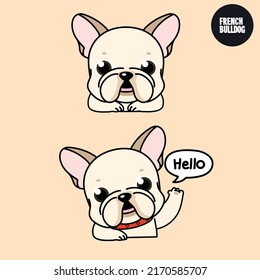 French Bulldog puppy dog with a smile and hello action. 2D cute cartoon character design in flat style.