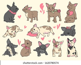 French bulldog puppy. Domestic pet playing sitting jumping hand drawn fashion sketch pictures