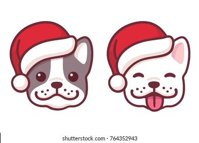 Caras de cachorro de bulldog francés en sombreros de Santa. Perros de dibujos animados que sonríen y sacan la lengua. Ilustración vectorial de Navidad.