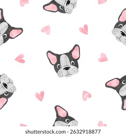 French bulldog puppy and hearts seamless watercolor pattern. Vector cute dog illustration