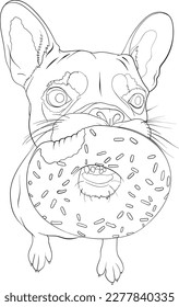 French bulldog puppy holding donut, coloring book page design