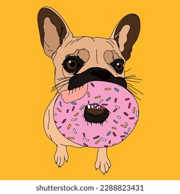 French bulldog puppy holding pink donut, with sprinkles.