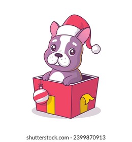 French bulldog puppy inside a Christmas present box wearing a santa's hat vector cartoon illustration isolated on white