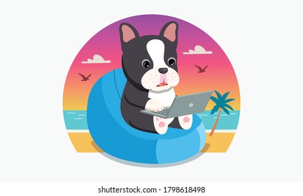 French bulldog puppy with laptop on sofa on beach background, independent concept, cute illustration in flat style