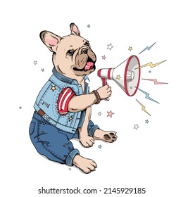 Сute french bulldog puppy with a megaphone in its paws. Image for printing on any surface