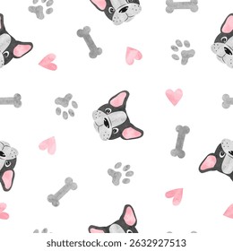 French bulldog puppy and paws seamless watercolor pattern. Vector cute dog illustration