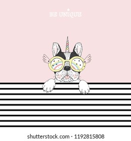 French bulldog puppy portrait wearing bright colored Unicorn accessories  Stripy background  T  shirt print  Hand drawn vector illustration 