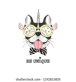 French bulldog puppy portrait wearing bright colored Unicorn accessories. T-shirt print. Hand drawn vector illustration.