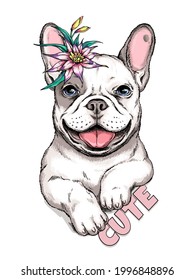 French bulldog puppy sketch. A dog with an exotic flower. Vector illustration in hand-drawn style Stylish image for printing on any surface