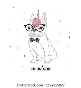 French bulldog puppy wearing bright colored Unicorn accessories. T-shirt print. Hand drawn vector illustration.