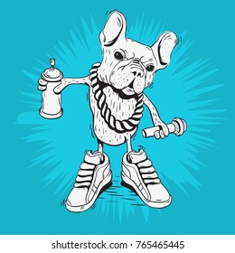 French Bulldog Rap Star With Hip Hop Essentials Like A Graffiti Paint Spray Can Balloon, Precious Metal Chain, Microphone And Sneakers. Sketchy Doodle Line Art Vector Graphic.