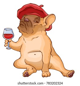 Perro de toro francés con boina roja sentado con un vaso de vino tinto. Caricatura vectorial.