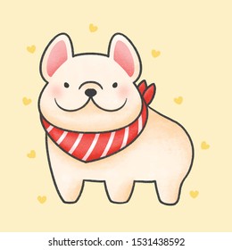 French bulldog with red collar hand drawn cartoon animal character. Hand drawing vector. Cartoon character design.