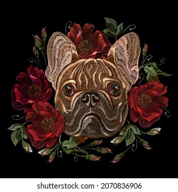 French bulldog and ring from red roses flowers. Beautiful dog head and and floral garden. Fashionable romantic template for clothes, t-shirt design. Classical embroidery in black background 