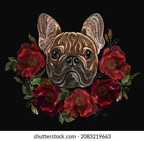 French bulldog and ring from red roses flowers. Classical embroidery in black background. Beautiful dog head and and floral garden. Fashionable romantic template for clothes, t-shirt design 