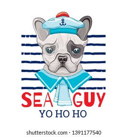 French bulldog sailor, cute dog in vintage hat & neck collar. Doodle trendy puppy, doggy art for boy t-shirt print, tee fashion design. Isolated on white, navy stripes background. Sea summer slogan