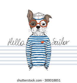 french bulldog sailor, nautical poster,furry art, hand drawn animal illustration