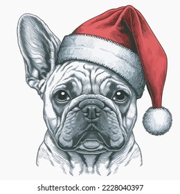 Bulldog francés Santa Hat Vector Ilustración Tshirt Diseño Icono Tarjeta de felicitación navideña