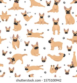 French bulldog seamless pattern. Dog healthy silhouette and yoga poses background.  Vector illustration