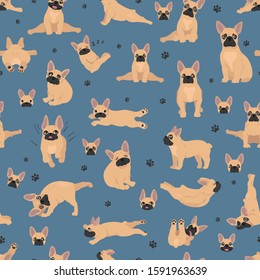 French bulldog seamless pattern. Dog healthy silhouette and yoga poses background.  Vector illustration