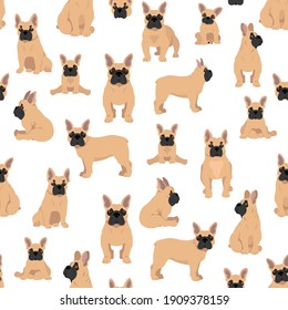 French bulldog seamless pattern. Dog healthy silhouette and poses background.  Vector illustration