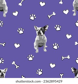 Patrón sin fisuras de French Bulldog con perros, huesos, corazones y patas en un fondo violeta juguetón. Textura de vacaciones con perro de raza mixta de un color, estilo de arte de línea, iconos de perro blanco, papel de pared divertido.