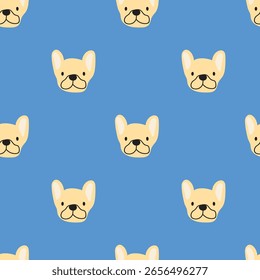 Bulldog francés. Patrón sin fisuras. Ilustración plana dibujada a mano sobre fondo azul.
