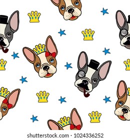 French bulldog seamless pattern. Bulldog girl and boy. T shirt design with dogs illustration. French bulldog on white background cute print for girls and boys. 