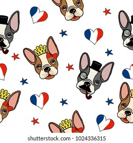 French bulldog seamless pattern. Bulldog girl and boy. Seamless pattern with French bulldogs, hearts.  Repeated backdrop for fashion clothes, t shirt, child, paper. Creative girlish original design