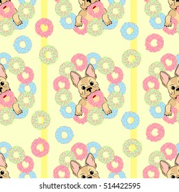 French bulldog seamless pattern. Happy dog. Puppy with donuts.