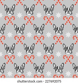 French bulldog seamless pattern, merry christmas and happy new year theme